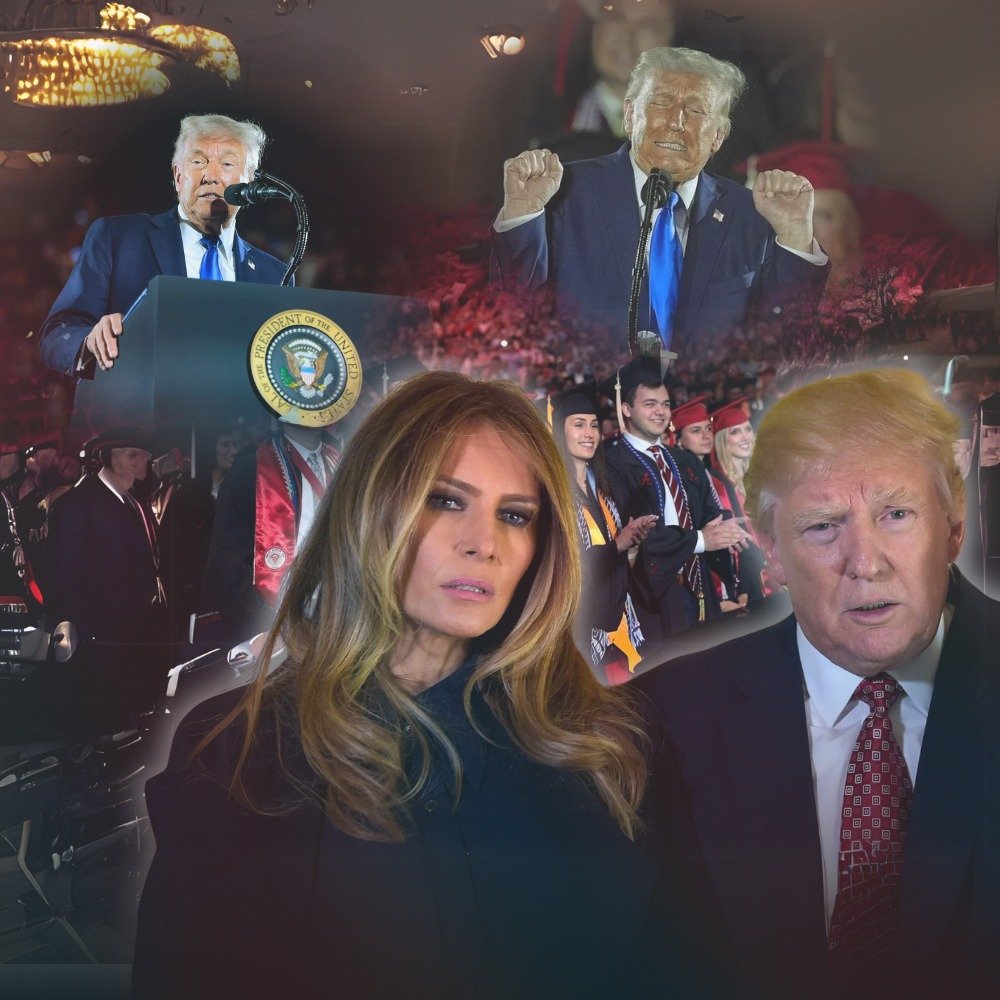 Donald Trump Says He’ll Be ‘In Trouble’ with Melania as He Impersonates Trans Athlete in Speech to College Grads
