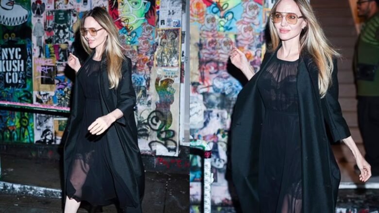 Angelina Jolie looked elegant in black during a visit to her store in New York